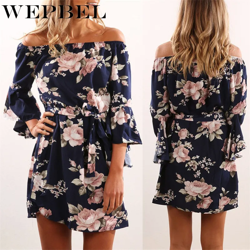 WEPBEL женский Boho 3/4 рукав с открытыми плечами сарафан повседневное пляжное мини-платье