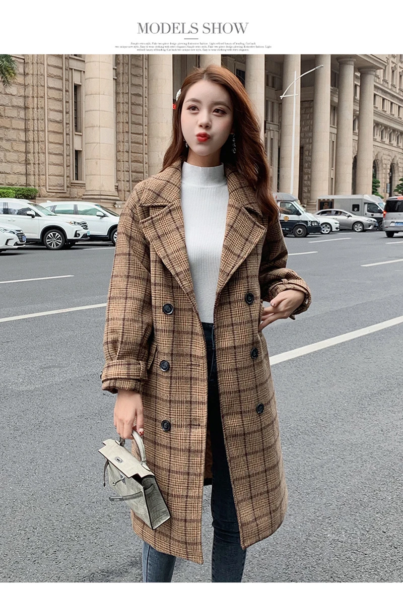 Zoki Loose Plaid Women Long Wool Blend Coat Fashion Winter Warm Jacket Elegant Double Breasted Autumn Fleece Outwear Plus Size