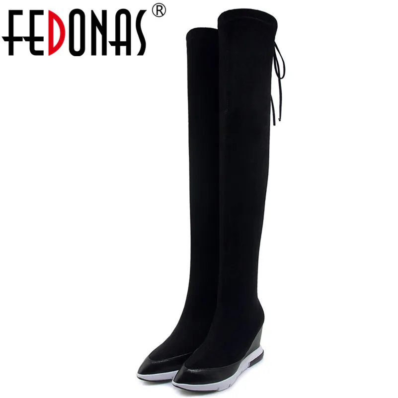 

FEDONAS New Women Over The Knee High Boots Wedges High Heels Lace Up Long Warm Winter Shoes Woman Slim Tight High Party Boots