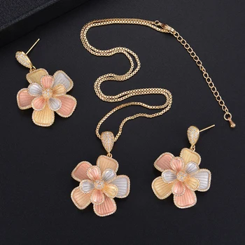 

Trendy Three Tones Flower Shape Necklace And Dangle Earrings Sets For Women Wedding Engagement Jewlery
