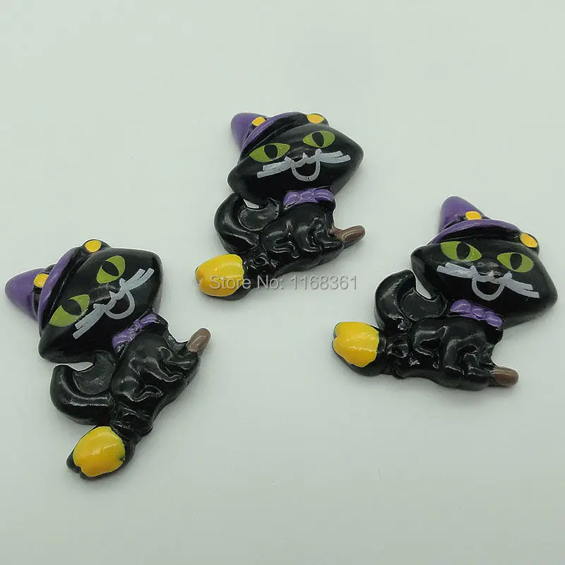 1pcs/lot resin flat back Halloween broom black cat 27mm Cabochons Scrapbooking Hair Bow Center DIY Christmas decration C105-3