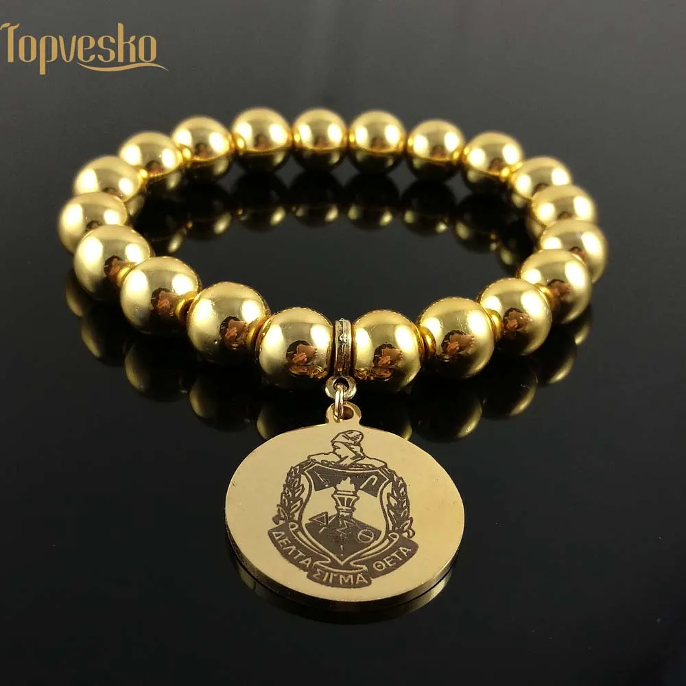 

Gold Tone Sorority High Quality 316L Stainless Steel charm DST Delta Sigma Theta sheild Bracelet Jewelry Bangle