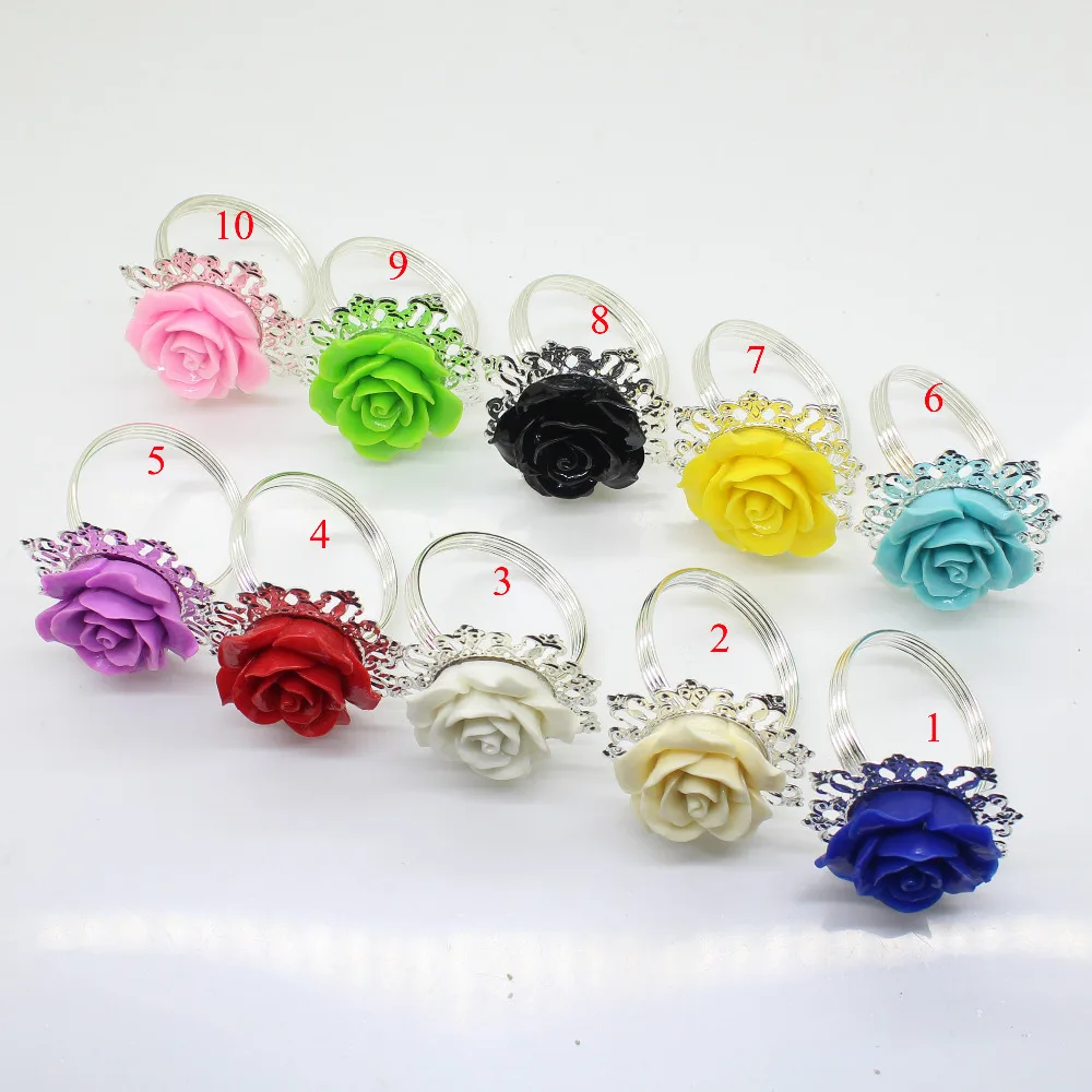 10Pcs/Set Napkin Ring Resin Flower Shape Serviette Holder For Wedding/Party Napkin Color Mixed 3.5cm Stone Silver Setting