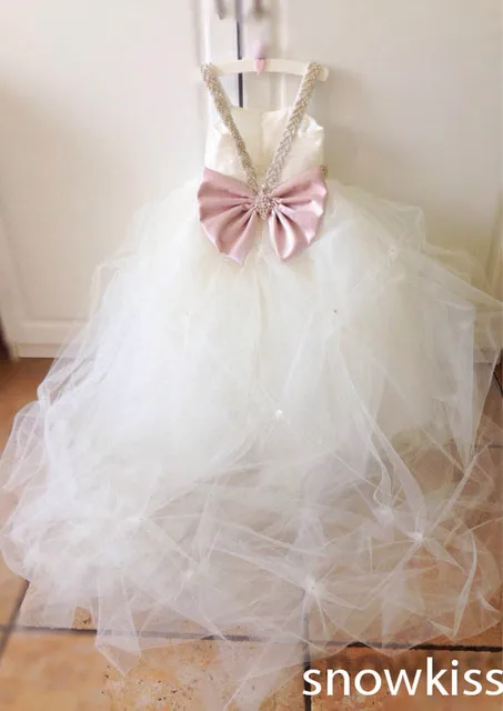 Cheap White/ivory pleated flower girl dresses with crystals lovely backless tulle ball gowns for wedding occasion baby evening frocks