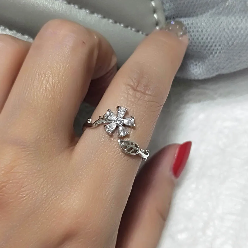 

SINLEERY Luxury Clear Crystal Flower &Leaf Adjustable Open Rings Silver/Rose Gold Color Women Jewelry Anillos Mujer JZ186 SSH