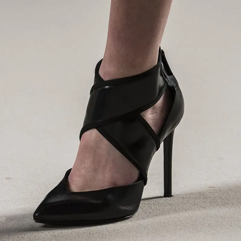 

Runway Design Stiletto Women Shoes 2019 Cross Tied Pointed Toe High Heels Black Strip Pumps Strappy Party Dress Shoes Woman 2019