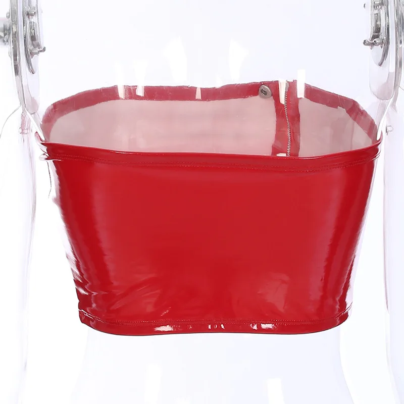 Focal20 Streetwear Women Zipper Sexy Strapless Tube Top Fashion Cropped Leather Tube Tops Causal Skinny Tube Top