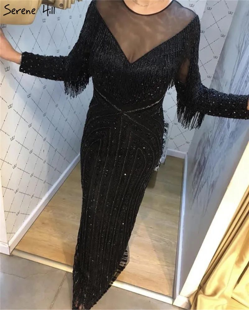 Новейший дизайн, черное роскошное сексуальное вечернее платье,, тонкое, Русалка, с кисточками, с бисером, с длинным рукавом, вечерние платья LA60920