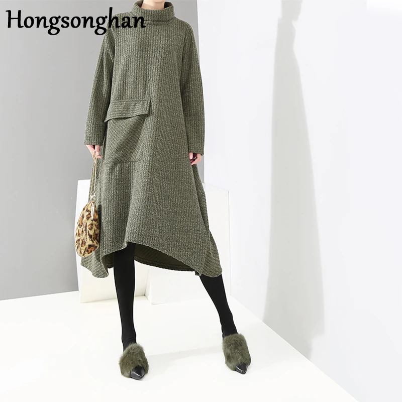 Hongsonghan 2018 Winter new retro women's pullover Korean style large size A-line loose waist high collar knitted dress tide