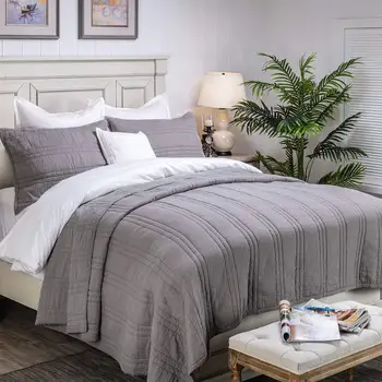 

OMSHOUSE Zen Collection 2 Layers Cotton Crinkle Gauze Stripe Embroidery Bedding Bedspread Quilt sets bed spread