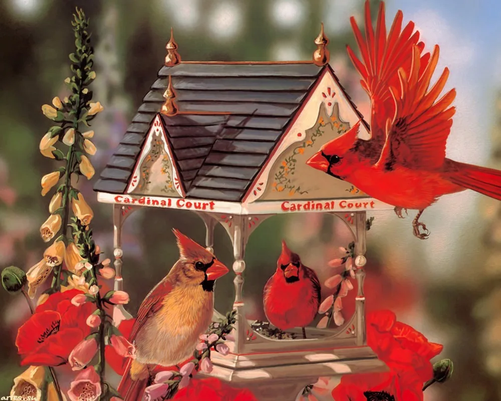 5D Diamond Painting Cardinals Bird House full Square Diamond Embroidery Cross-Stitch round Needlework Wall Sticker Decor