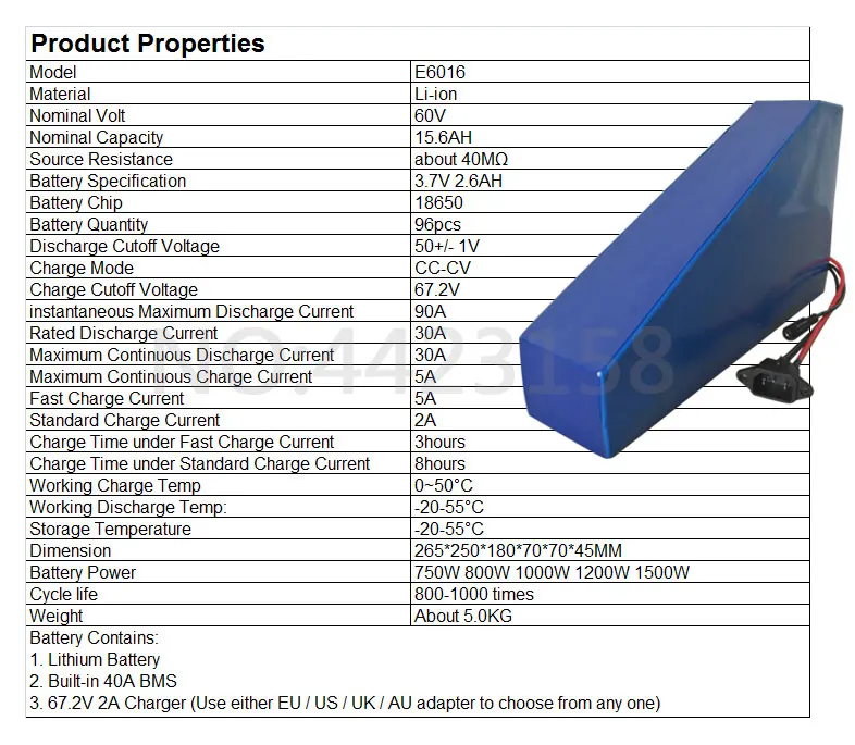 Свободный налог 60V Треугольники Батарея 60V 15AH литий Батарея 60V 15AH 1200W 1500 ваттовый мотовелосипед; Батарея с 40A БМС+ 67,2 V 2A Зарядное устройство