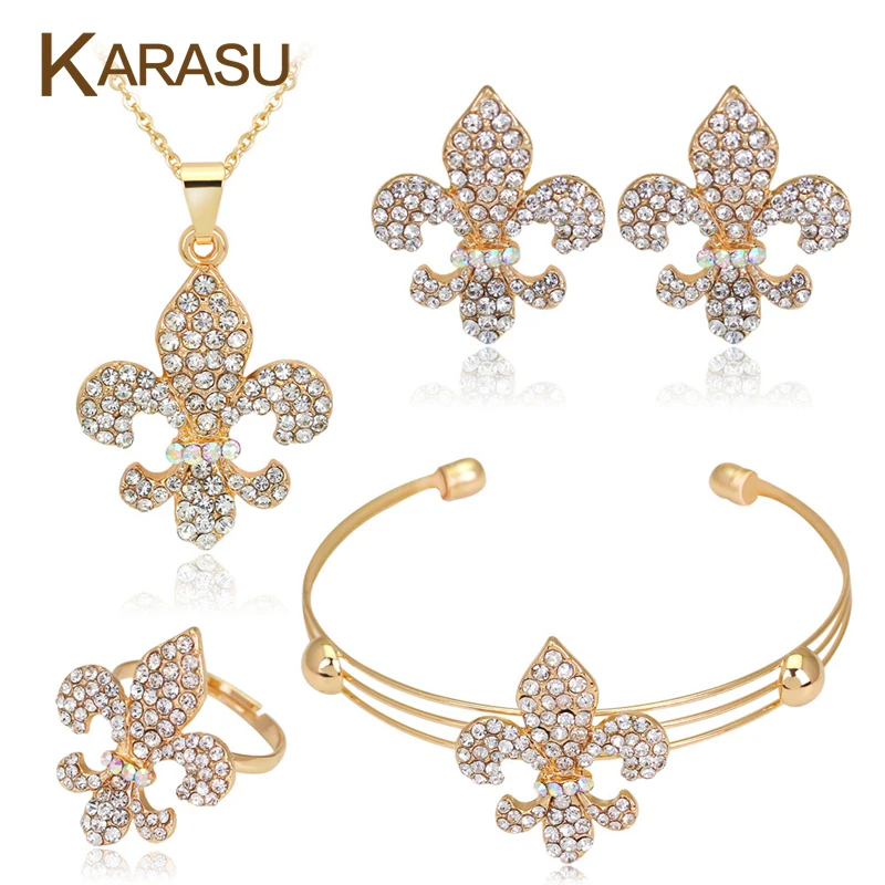 

Fashion Trendy Gold-color Rhinestone Achor Statement Necklace Stud Earring Bracelet Ring Set for Women Wedding Jewelry