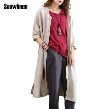 

SCUWLINEN 2020 Summer Jacket Women Solid Thin Cardigan Women's Fluid Half Sleeve Medium-long Shirt Linen Top Casual Vestidos W10