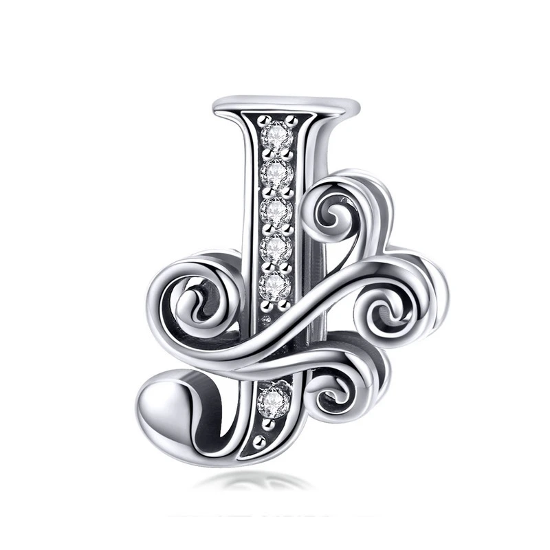 BAMOER 925 Sterling Silver Letter Vintage A to Z 26 Letter Charms Openwork CZ Alphabet Beads Fit Charm Bracelet BSC030 name necklace 925 Silver Jewelry