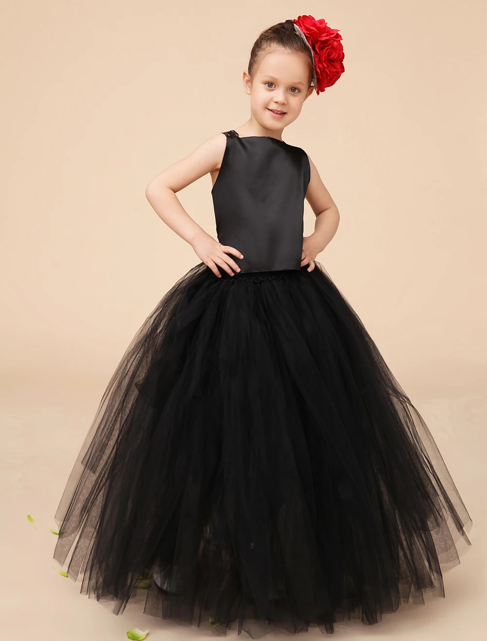 Tribute Silk and tulle black little girls dresses kids girls formal party dresses Pageant dresses headpiece