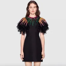 New Runway Women's Dress Luxury Sequins Patchwork Lace Flare Sleeve 2017 Summer Women Trend Style Slim Female Sexy Mini Dresses
