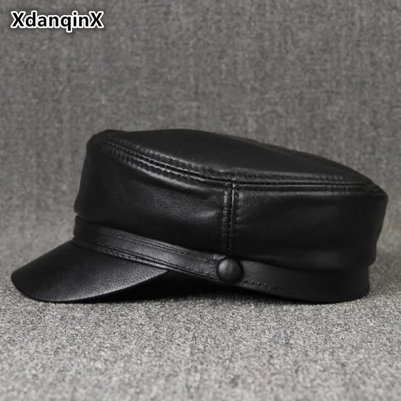 

XdanqinX Women's Genuine Leather Cap Simple Elegant Sheepskin Military Hats For Women Autumn Winter Men's Brand Visor Hat Unisex