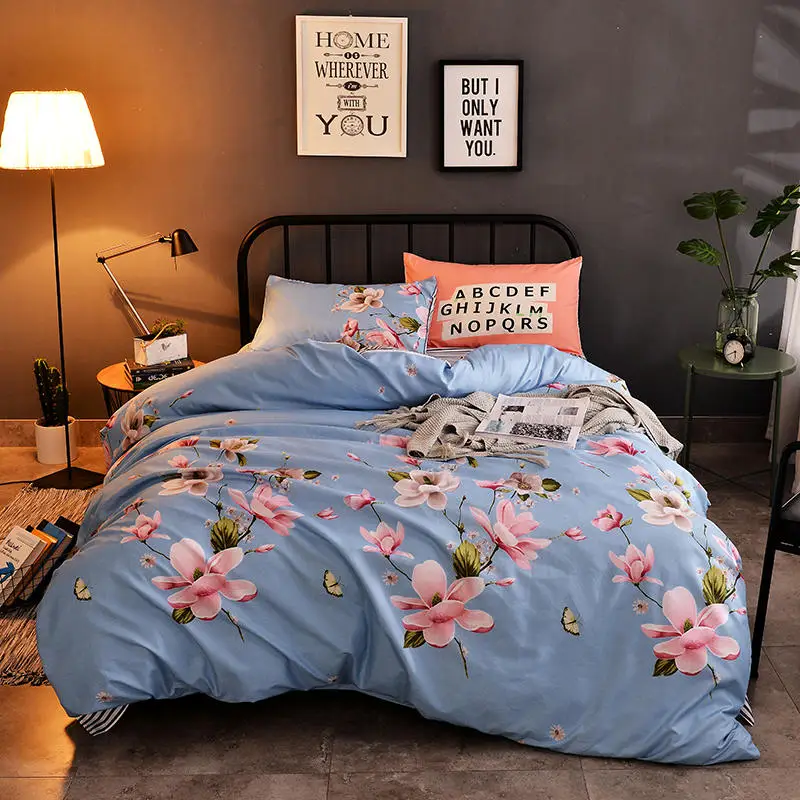 

Beautiful Floral Plant AB Side Style Printing BEDDING Bed Sheets Pink and Blue Blooming Flower 4pcs Bedding Set duvet cover set