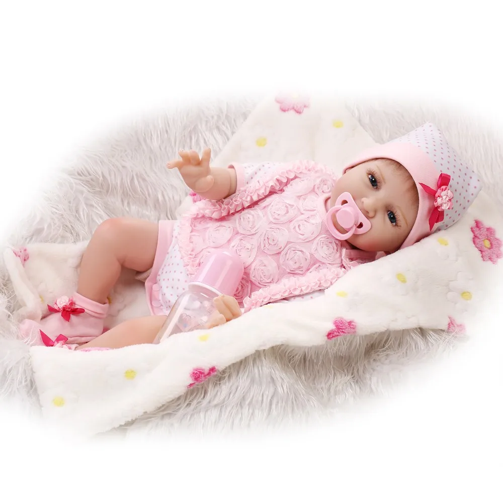 

22" silicone reborn dolls soft cloth body girl fashion dolls with pink rose clothing children birthday gift bonecas