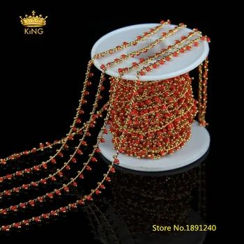 

5meters/lot 2mm Rosary Chains Round Glass Beads Chains for Necklace,Gold Color Copper Plated Red Glass Chains Jewelry Bulk HX093