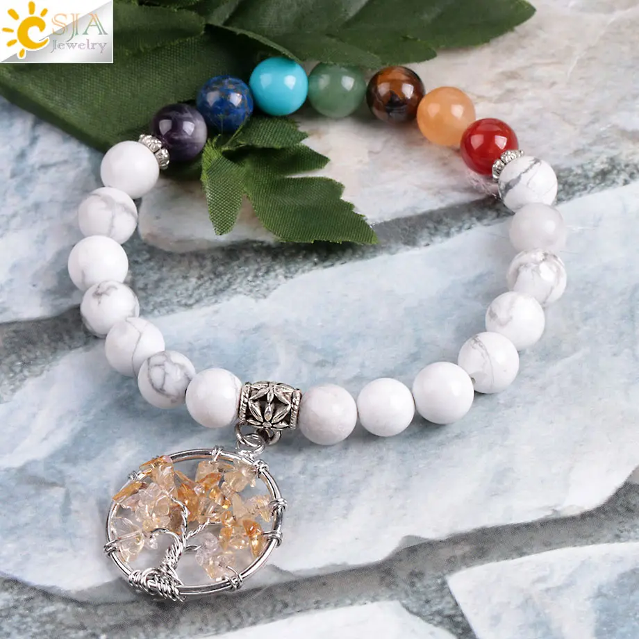 Csja Healing 7 Чакр Тибетский белый Howlite браслеты желтый осколок кристалла молитва йоги бисера дерево жизни Ювелирные изделия для медитации E908