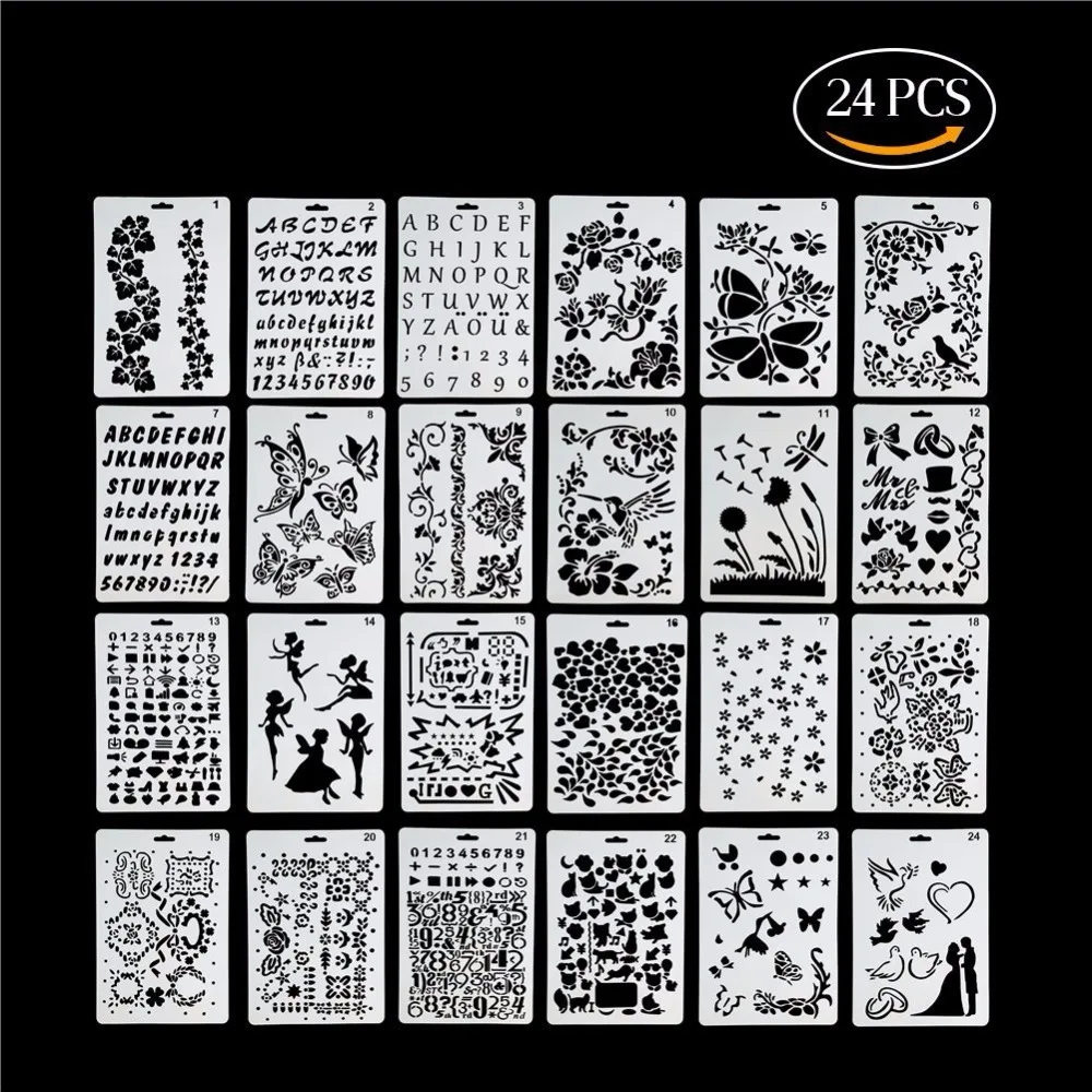 

24pcs Plastic Stencils Templates Set for Airbrush Painting and Crafts Scrapbook Making Cake Embossing Decoration