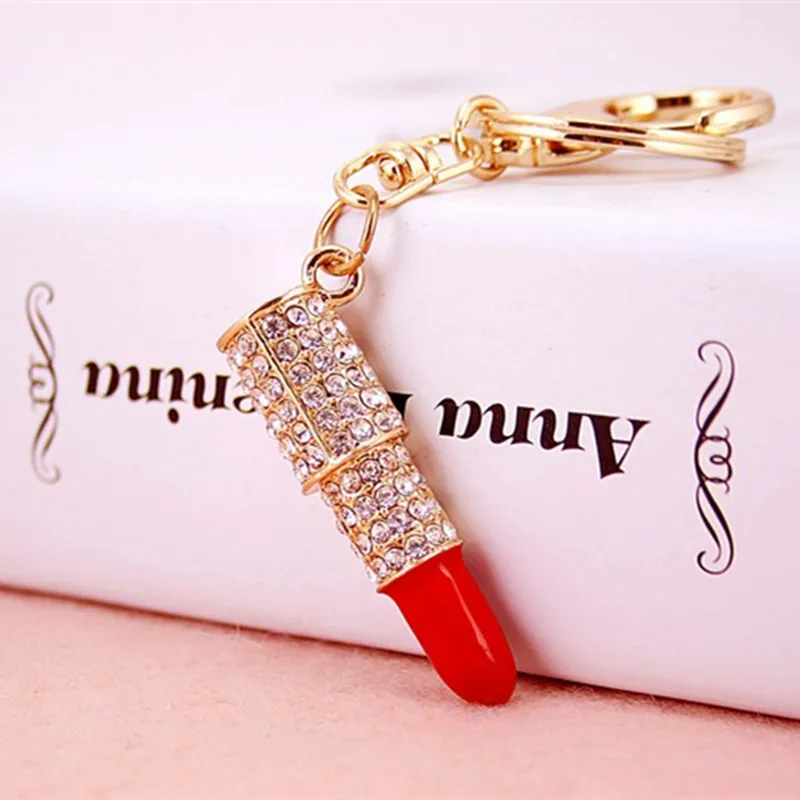 

New Arrival Crystal Rhinestone Lipstick Key Chain Fashion Keychains Lovers Car Key Ring Holder For Women Chaveiro Wholesale