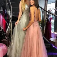 Кристальные вечерние платья, новинка, ТРАПЕЦИЕВИДНОЕ платье без рукавов, v-образный вырез, длина до пола, длинное платье для выпускного вечера, розовое вечернее платье с открытой спиной, robe de soiree