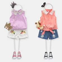 2018 Summer Female Lace Turn-Down Collar Baby Child Girl Sleeveless Soild Colour Shirt