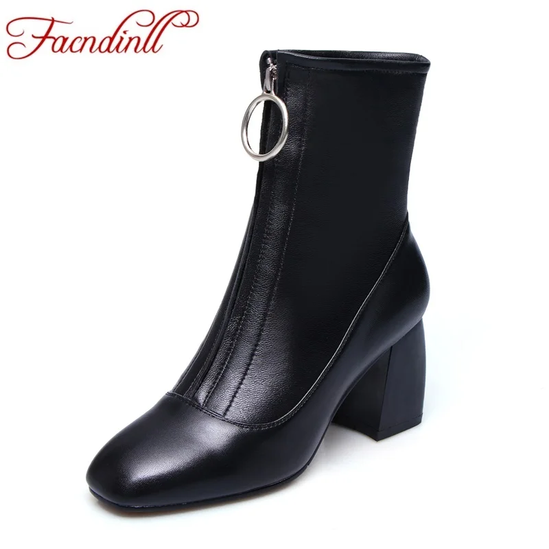 

FACNDINLL 2018 fashion soft sheepskin genuine leather women ankle boots high heels square toe shoes woman party riding boots
