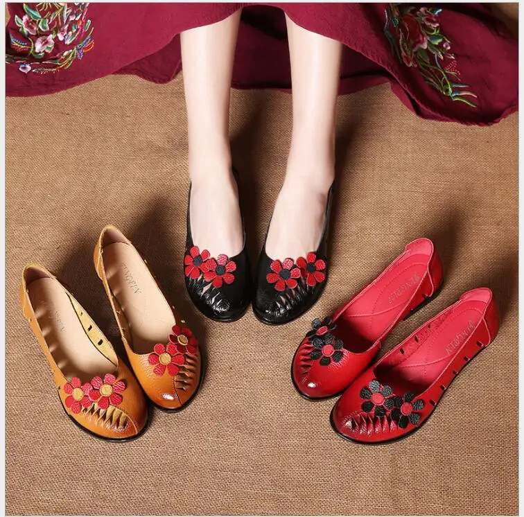 Spring Summer Flat Shoes Woman Genuine Leather 2018 Cut Outs Round Toes ...