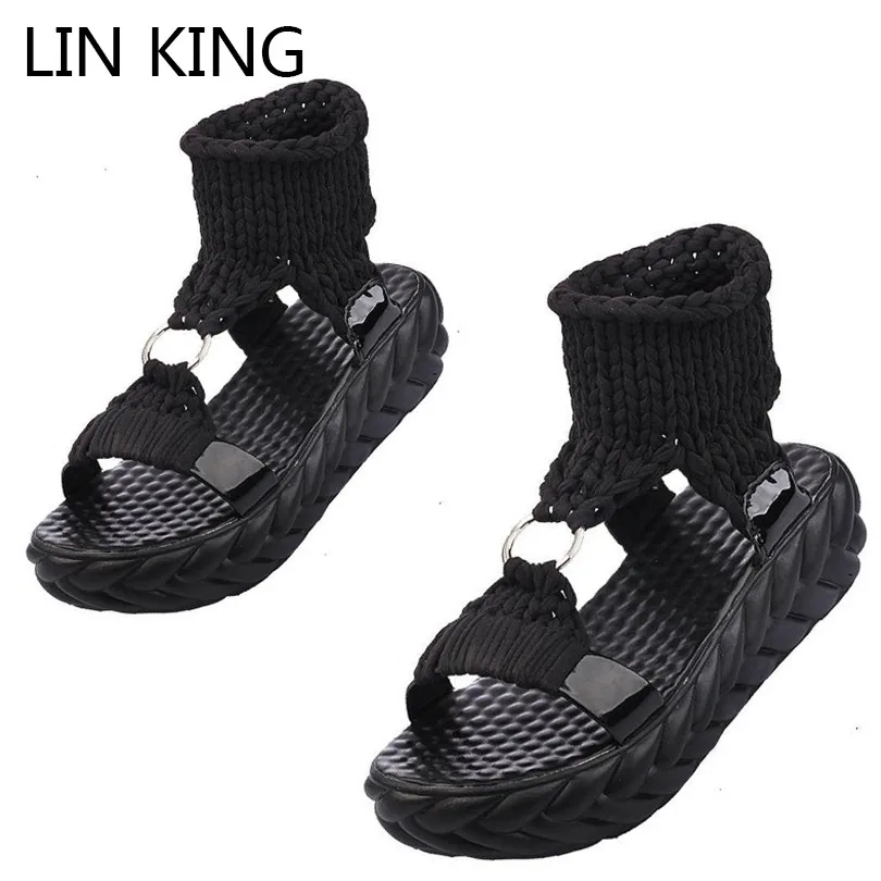 

LIN KING Leisure Knit Thick Sole Women Platform Sandals Open Toe Summer Gladiator Shoes Round Buckle Lazy Anti Skid Beach Shoes