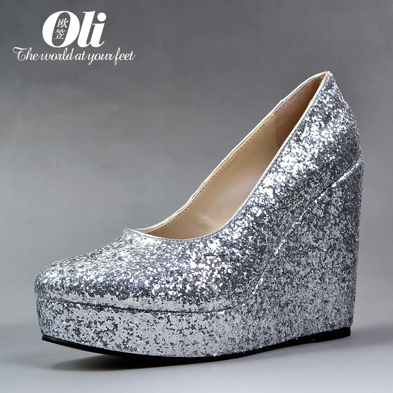 silver wedge evening shoes