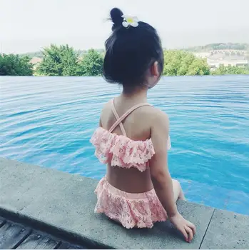

sweet baby girls ruffles lace swimwear children layered flower bikini little girls solid swimsuit bathing suit 0-24M
