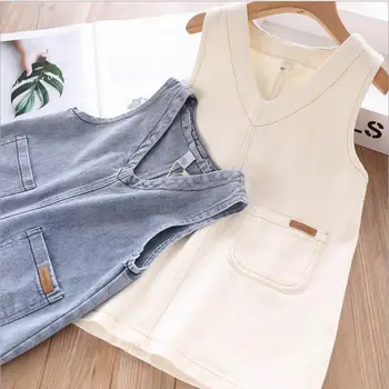 

2019 fall girl Denim dress cotton sleeveless pocket dresses kids fashion high-grade Children clothing wholesale