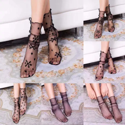 Black net with lace ankle socks and net pattern