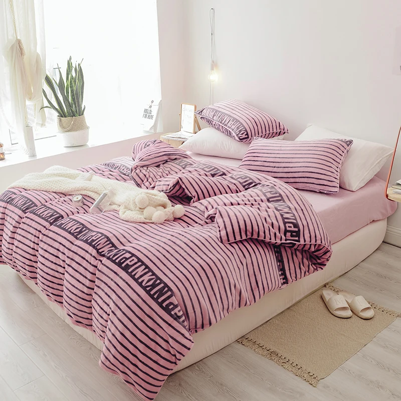 

Bedding Set warm Winter Treasure Hair PINK Fine Stripe Queen King Home Textiles Duvet Cover Bed Sheet Pillowcases 4pcs