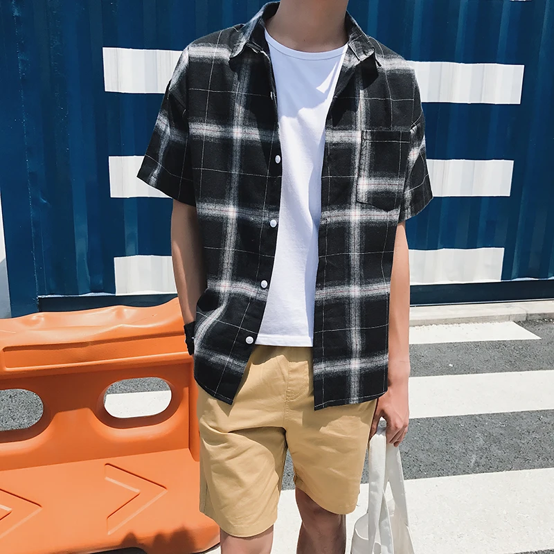 

Men Plaid Short Shirts 2019 Mens Harajuku Streetwear Casual Loose Hip Hop Half Sleeve Shirt Male Fashion