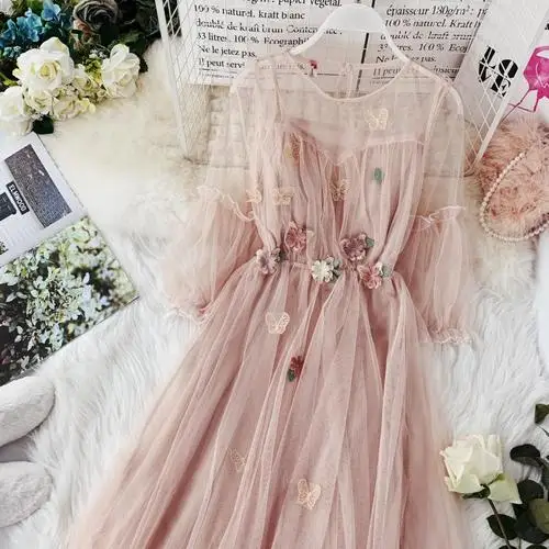 Летние сетчатые платья, женские платья с коротким рукавом, цветы для декора, женские платья, милые сетчатые платья для девочек, кружевное платье - Цвет: Розовый