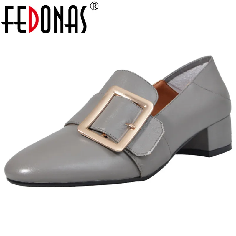 

FEDONAS Spring Summer New Comfortable Elegant Buckle Square Heels Women Pumps Genuine Leather Office Shoes Woman Brand Shoes