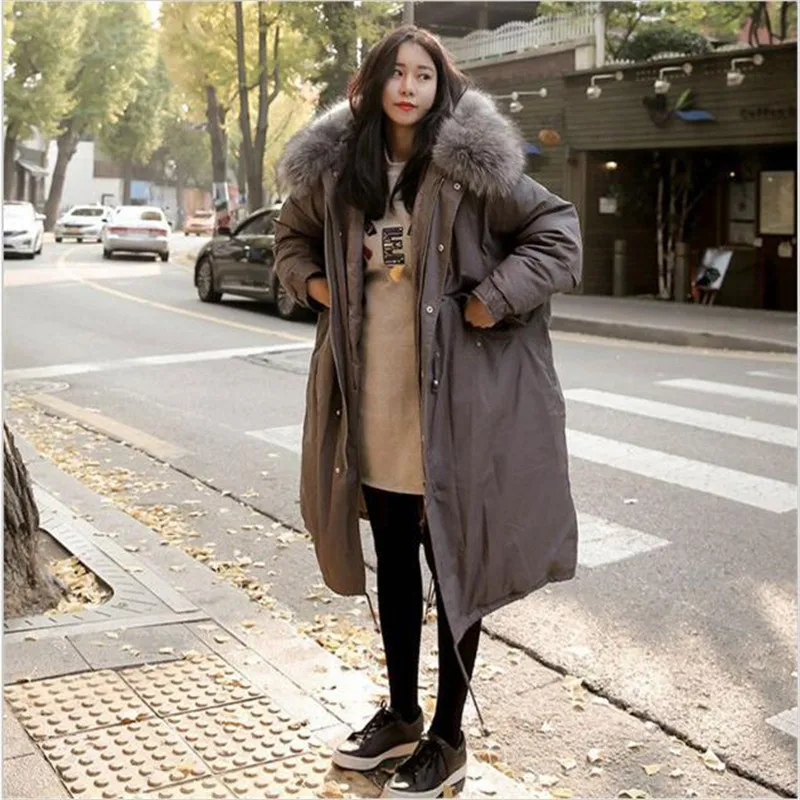 

AILOOGE New Large Raccoon Fur Coat Winter Jacket Women Thicken Warm Padded Cotton Parkas Army Green Long Coat Military Parka