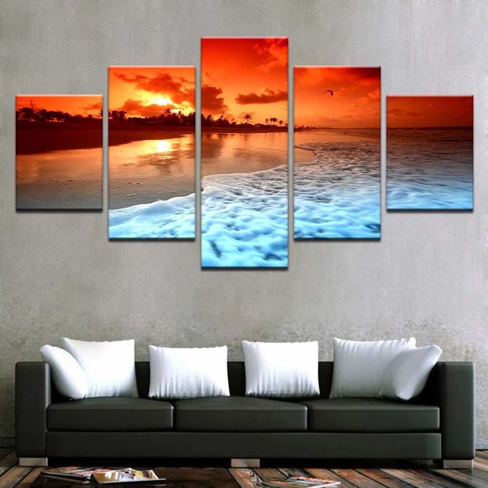 

Canvas Painting Living Room Wall Art Framework 5 Piece Sunset Glow Beach Sea Waves Poster HD Prints Seascape Pictures Home Decor