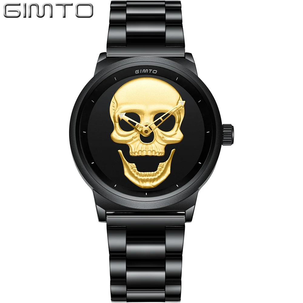

GIMTO 2018 Punk 3D Vintage Skull Women Watches Steel Gold Clock Luxury Brand Quartz Wristwatch Female Sport relogio feminino