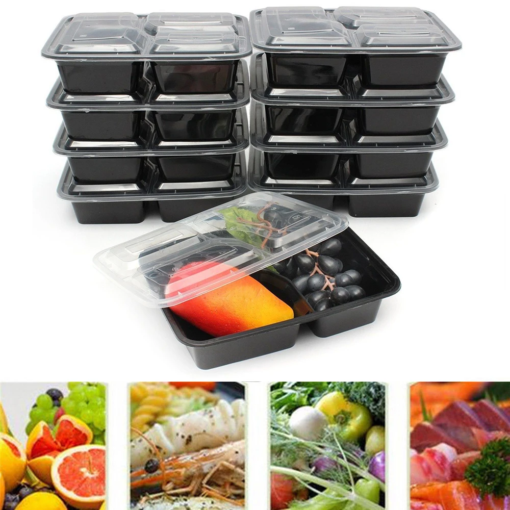 

10Pcs Reusable Bento Box Plastic Meal Storage Food Prep Lunch Box 3 Compartment Microwavable Containers With Lids Lunchbox 3