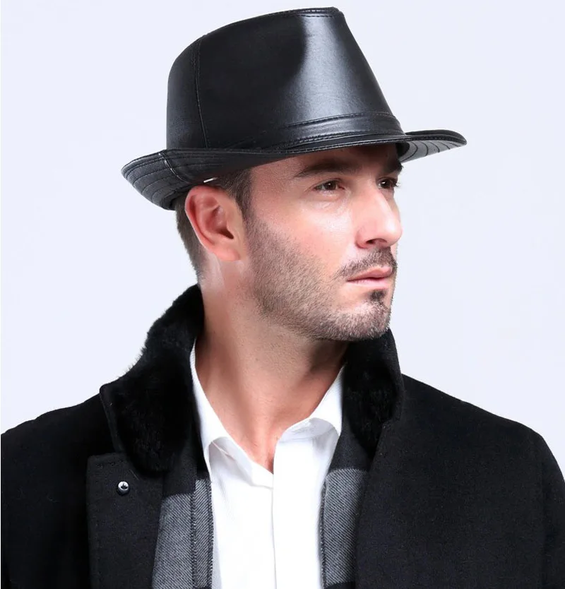man fashion new male Fedoras genuine cowhide leather hat cap blackin