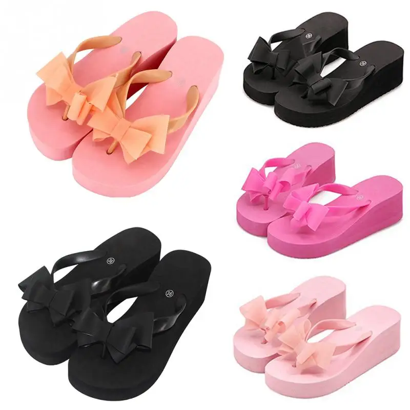 

Women Bowknot Sandals 2018 New Fashion Platform Wedge Mid Heel Beach Flip Flops Slippers Sandals Summer Slippers