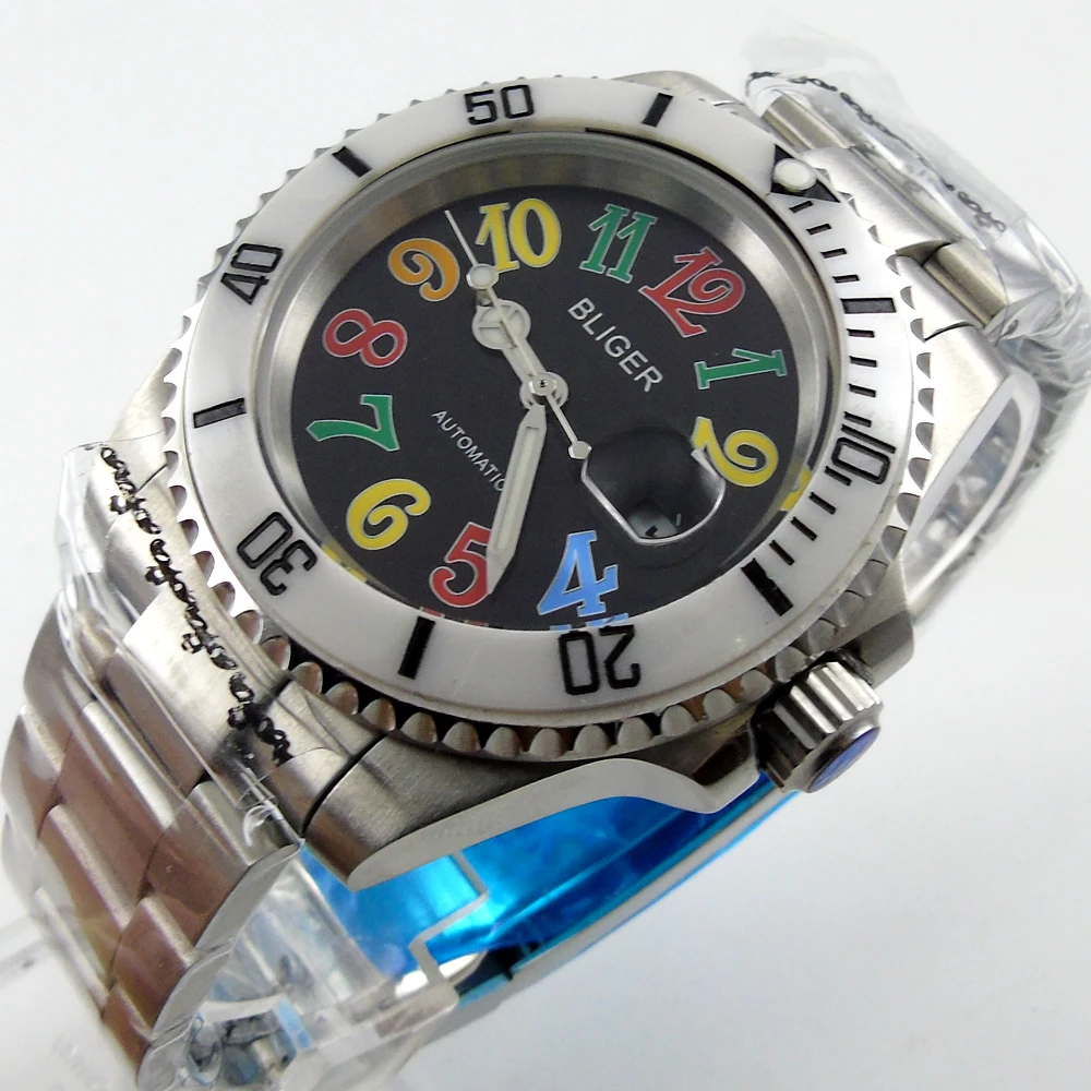 Bliger 40mm black dial date colorful marks saphire glass whiteCeramic Bezel Automatic movement Men