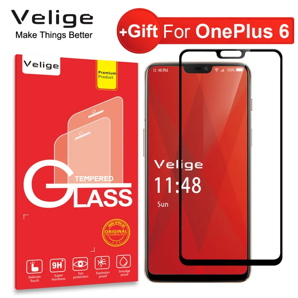 

Velige Full Cover Tempered Glass For OnePlus 6 One Plus 6 OnePlus6 1+6 Screen Protector 9H Hardness Protective Glass Film
