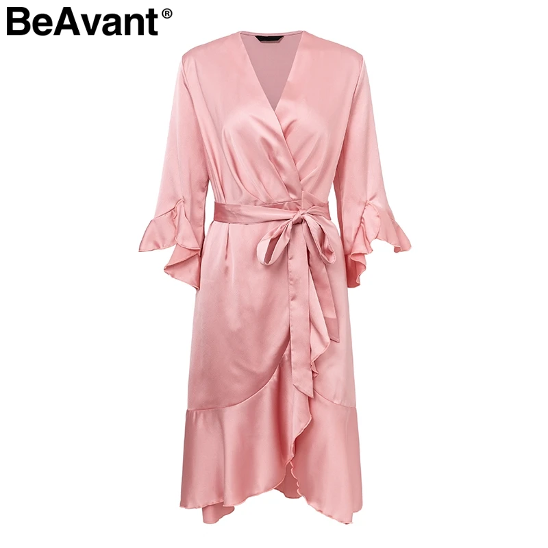 BeAvant Elegant ruffle satin causal dress autumn 2018 Split flare sleeve midi wrap dress V neck streetwear women dress vestidos BeAvant Elegant ruffle satin causal dress autumn 2018 Split flare sleeve midi wrap dress V neck streetwear women dress vestidos